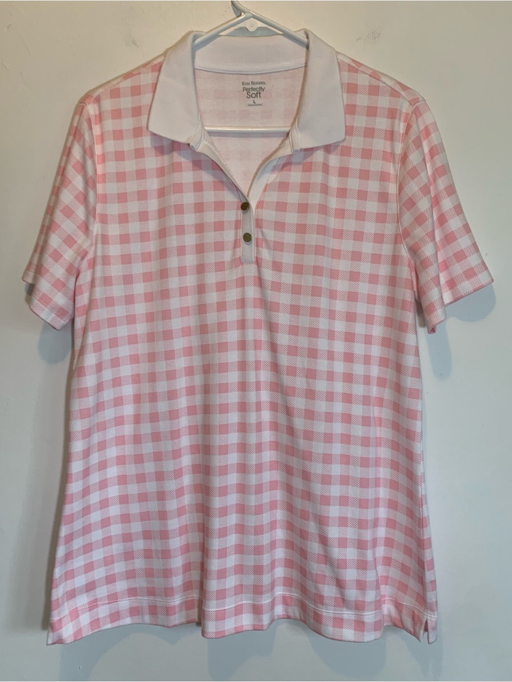 Kim Rogers Perfectly Soft Pink Gingham Polo Shirt Cotton XL